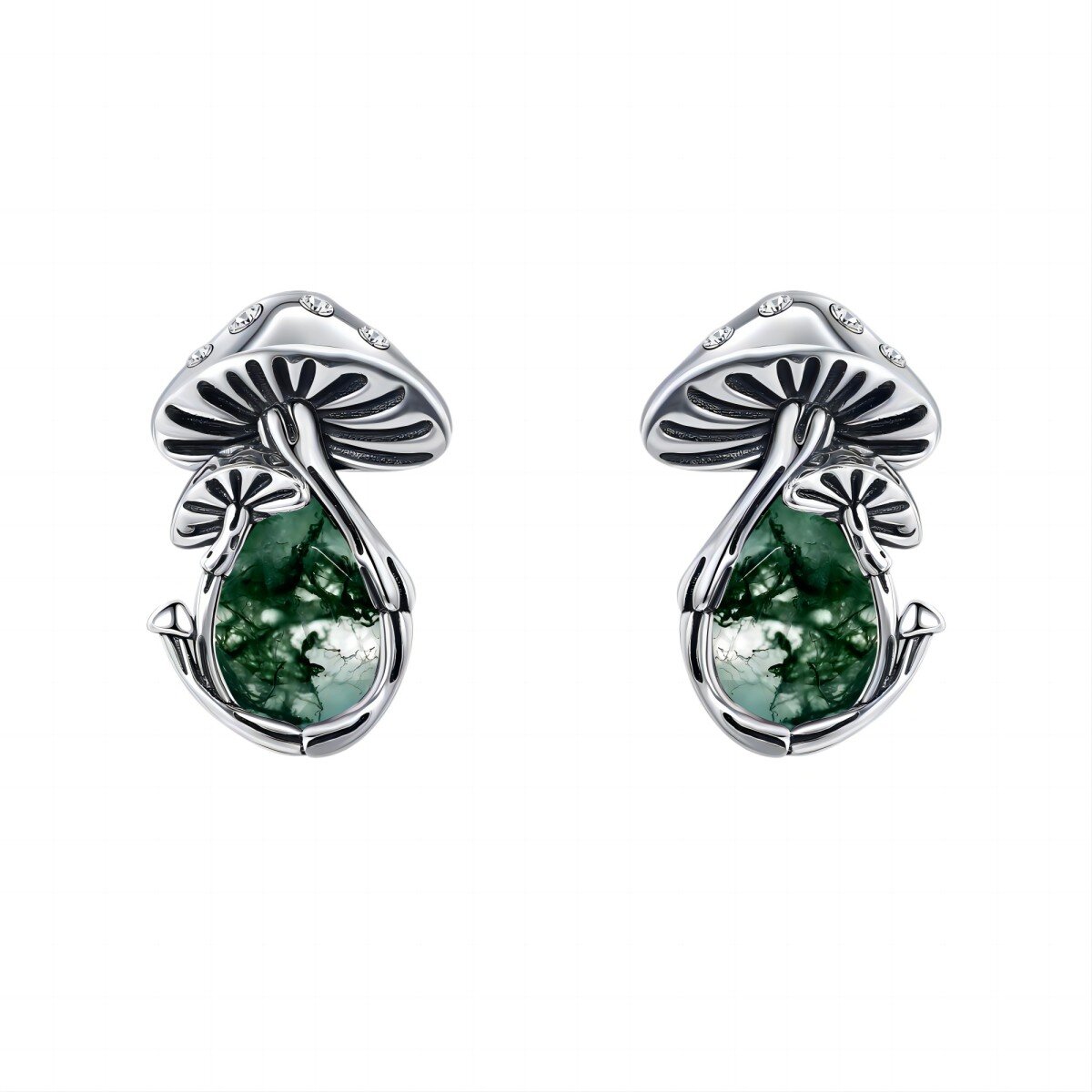 Sterling Silver Pear Shaped Moss Agate Mushroom Stud Earrings-1