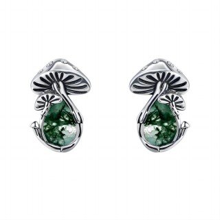 Sterling Silver Pear Shaped Moss Agate Mushroom Stud Earrings-8