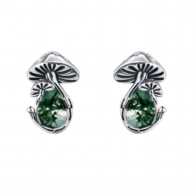 Sterling Silver Pear Shaped Moss Agate Mushroom Stud Earrings-1