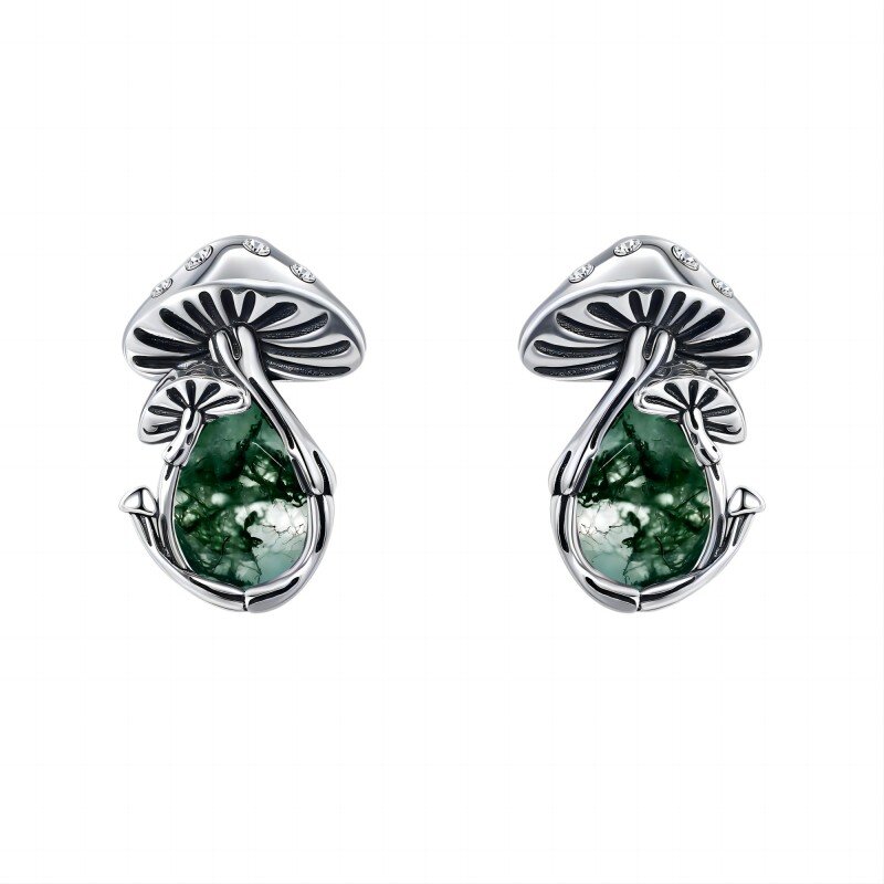 Sterling Silver Pear Shaped Moss Agate Mushroom Stud Earrings