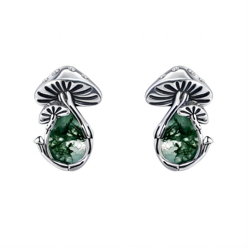 Sterling Silver Pear Shaped Moss Agate Mushroom Stud Earrings-2
