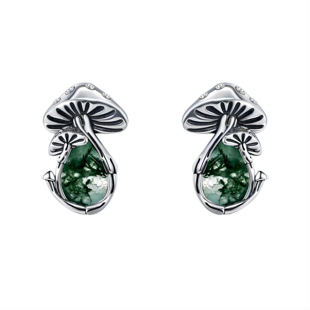 Sterling Silver Pear Shaped Moss Agate Mushroom Stud Earrings-3
