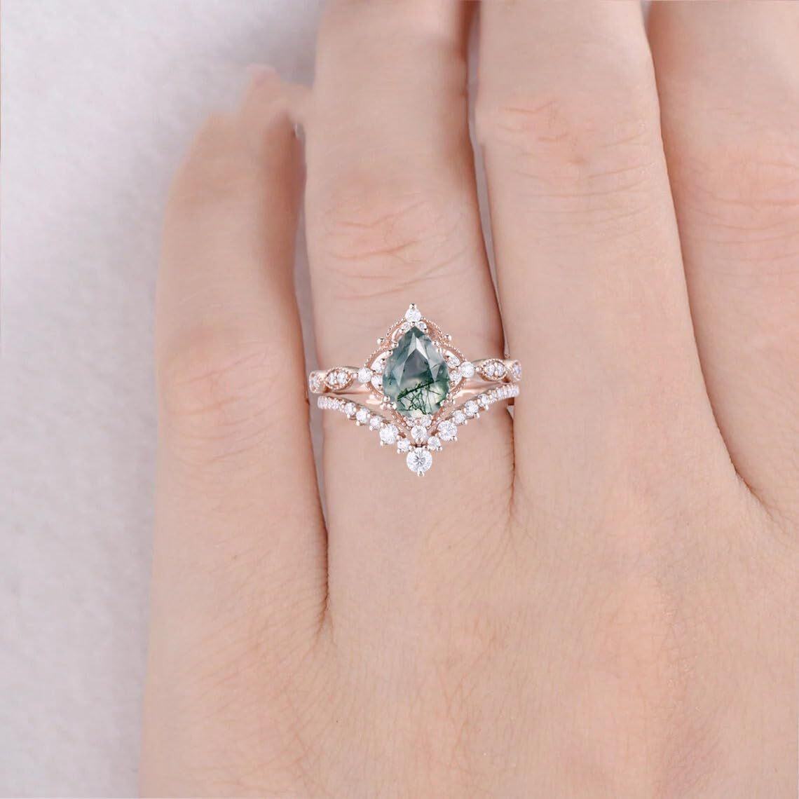 Sterling Silver Pear Shaped Moss Agate Personalized Engraving & Couple Engagement Ring-3