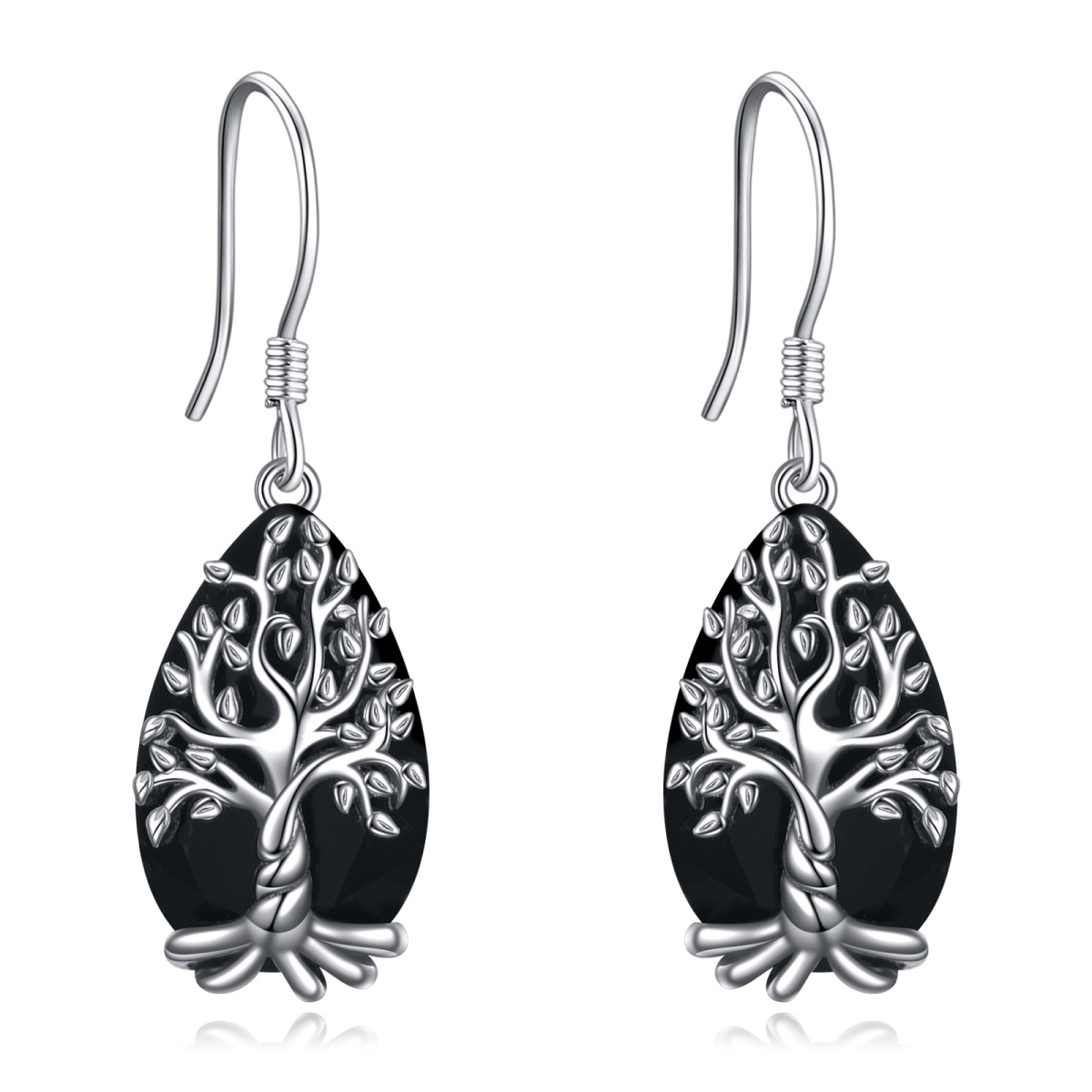 Sterling Silver Pear Shaped Obsidian Tree Of Life Drop Earrings-1