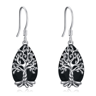 Sterling Silver Pear Shaped Obsidian Tree Of Life Drop Earrings-18