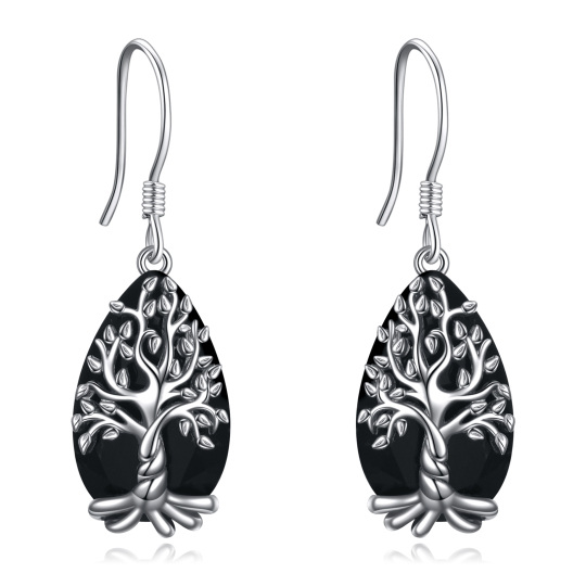 Sterling Silver Pear Shaped Obsidian Tree Of Life Drop Earrings