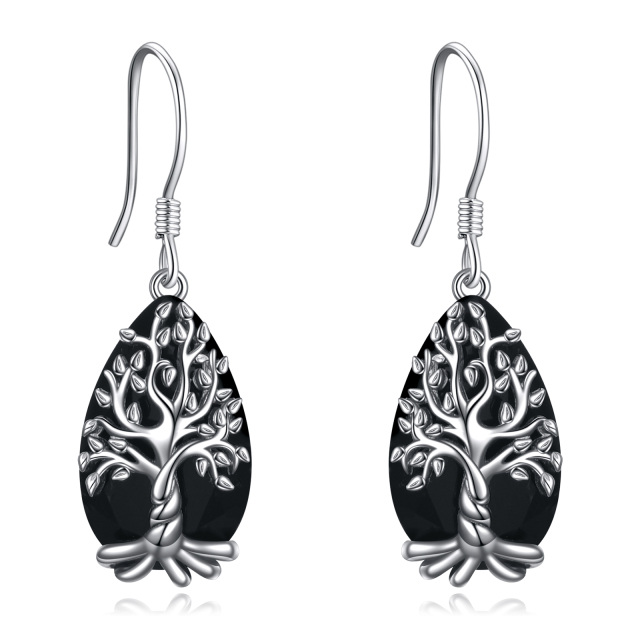 Sterling Silber Birne geformt Obsidian Baum des Lebens Tropfen Ohrringe-1