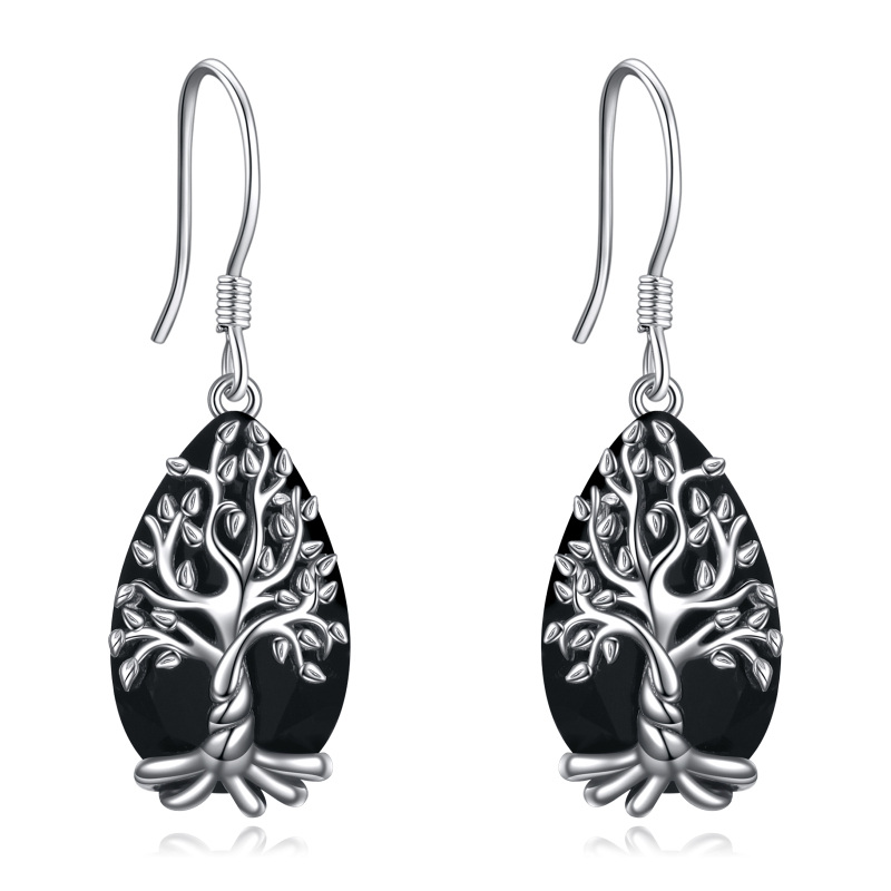 Sterling Silver Pear Shaped Obsidian Tree Of Life Drop Earrings-18