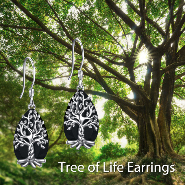 Sterling Silver Pear Shaped Obsidian Tree Of Life Drop Earrings-3