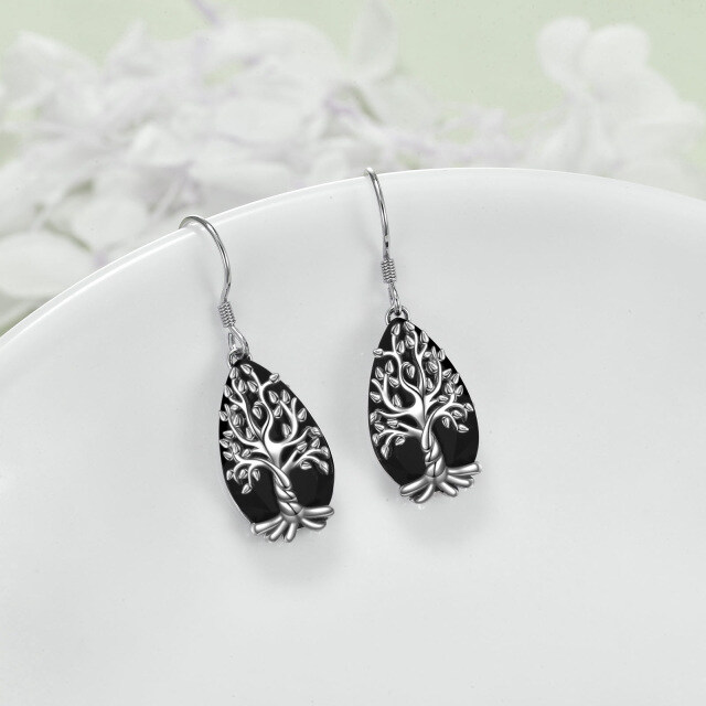 Sterling Silver Pear Shaped Obsidian Tree Of Life Drop Earrings-4