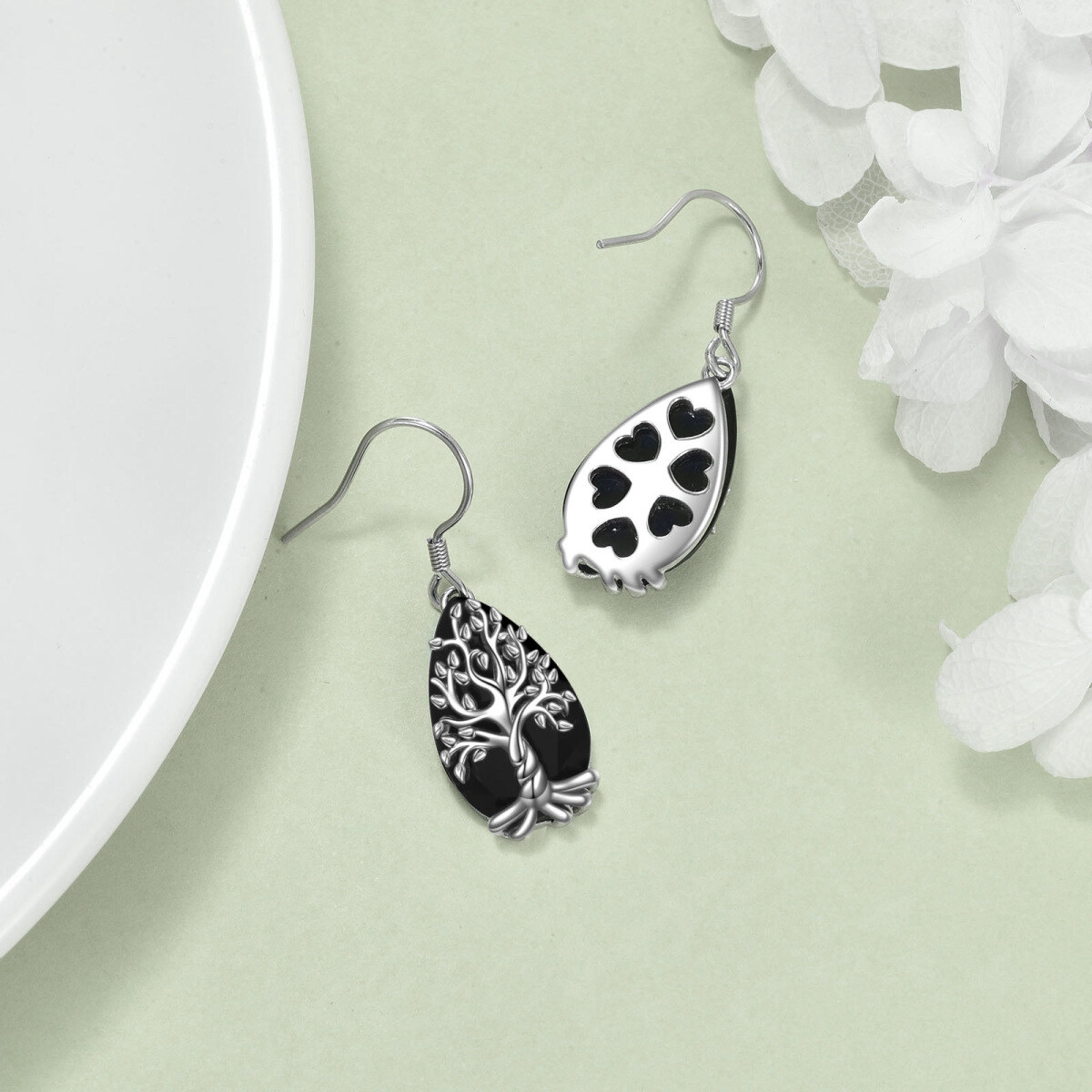 Sterling Silver Pear Shaped Obsidian Tree Of Life Drop Earrings-5