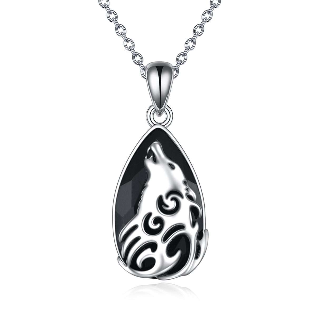 Sterling zilveren peervormige obsidiaan wolf hanger ketting-1