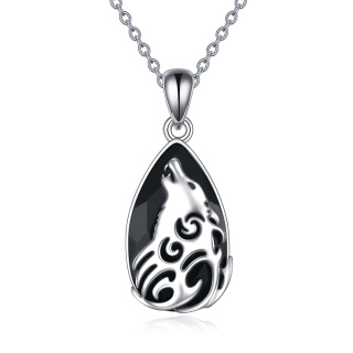 Sterling Silver Pear Shaped Obsidian Wolf Pendant Necklace-9