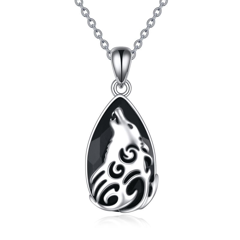 Sterling Silver Pear Shaped Obsidian Wolf Pendant Necklace-15