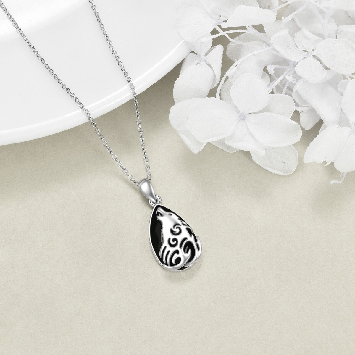 Sterling Silver Pear Shaped Obsidian Wolf Pendant Necklace-4