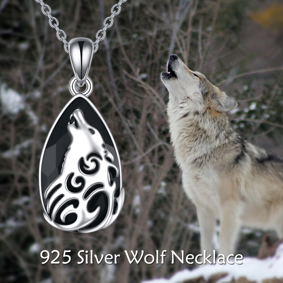 Sterling zilveren peervormige obsidiaan wolf hanger ketting-6