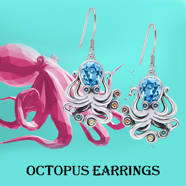 Sterling Silver Pear Shaped Cubic Zirconia Octopus Drop Earrings-6