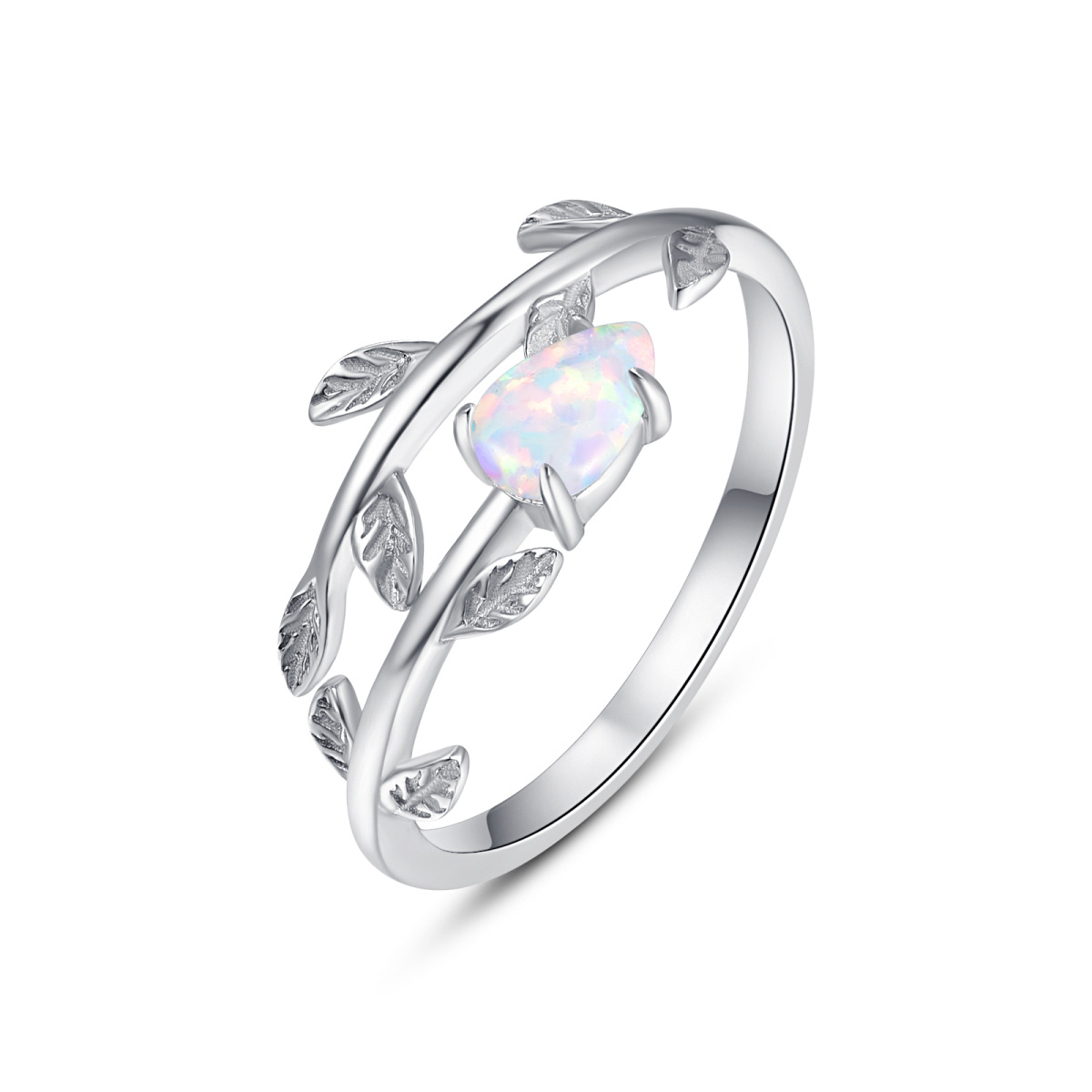 Sterling Silber birnenförmiger Opal Blätter offener Ring-1