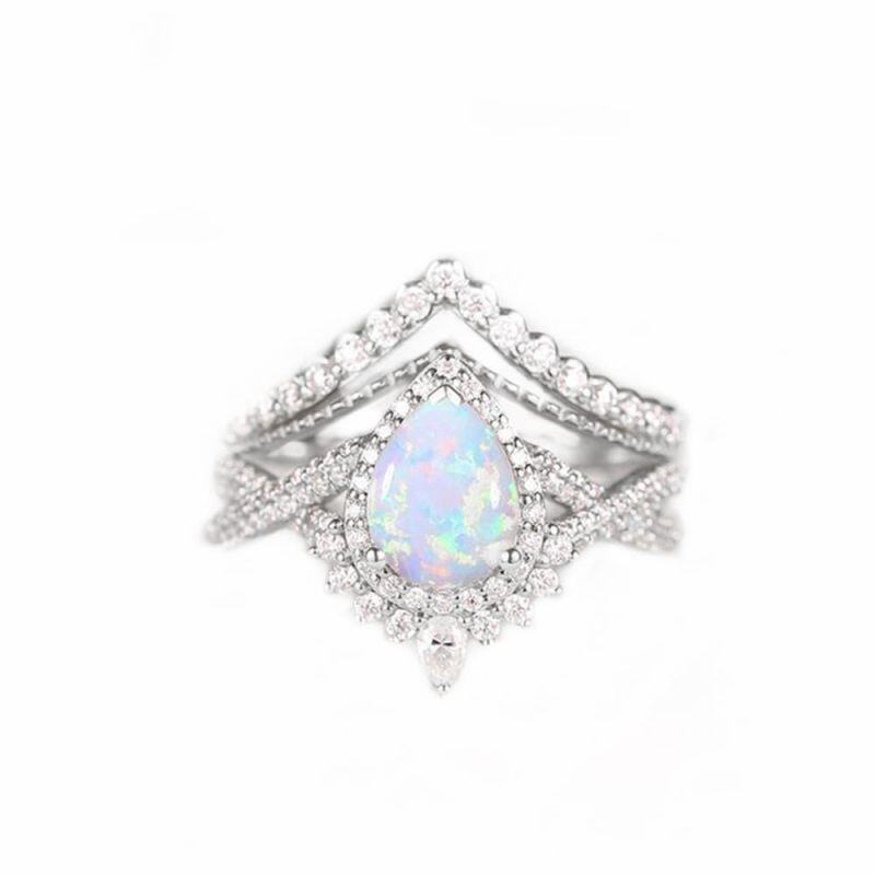 Sterling Silver Pear Shaped Opal Personalized Engraving & Couple Engagement Ring-11