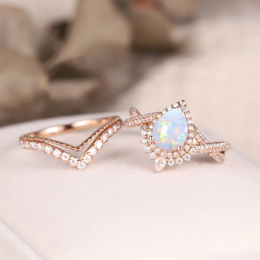 Sterling Silver Pear Shaped Opal Personalized Engraving & Couple Engagement Ring-3