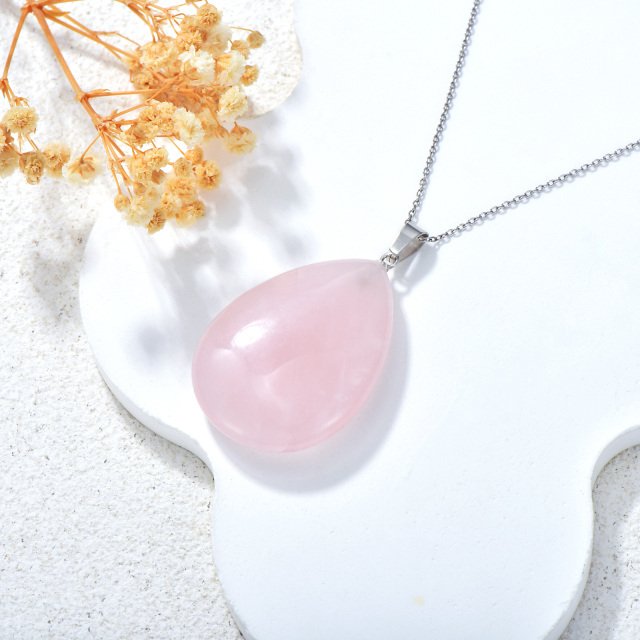 Colar de prata esterlina com pingente em forma de gota de quartzo rosa em forma de pera-3