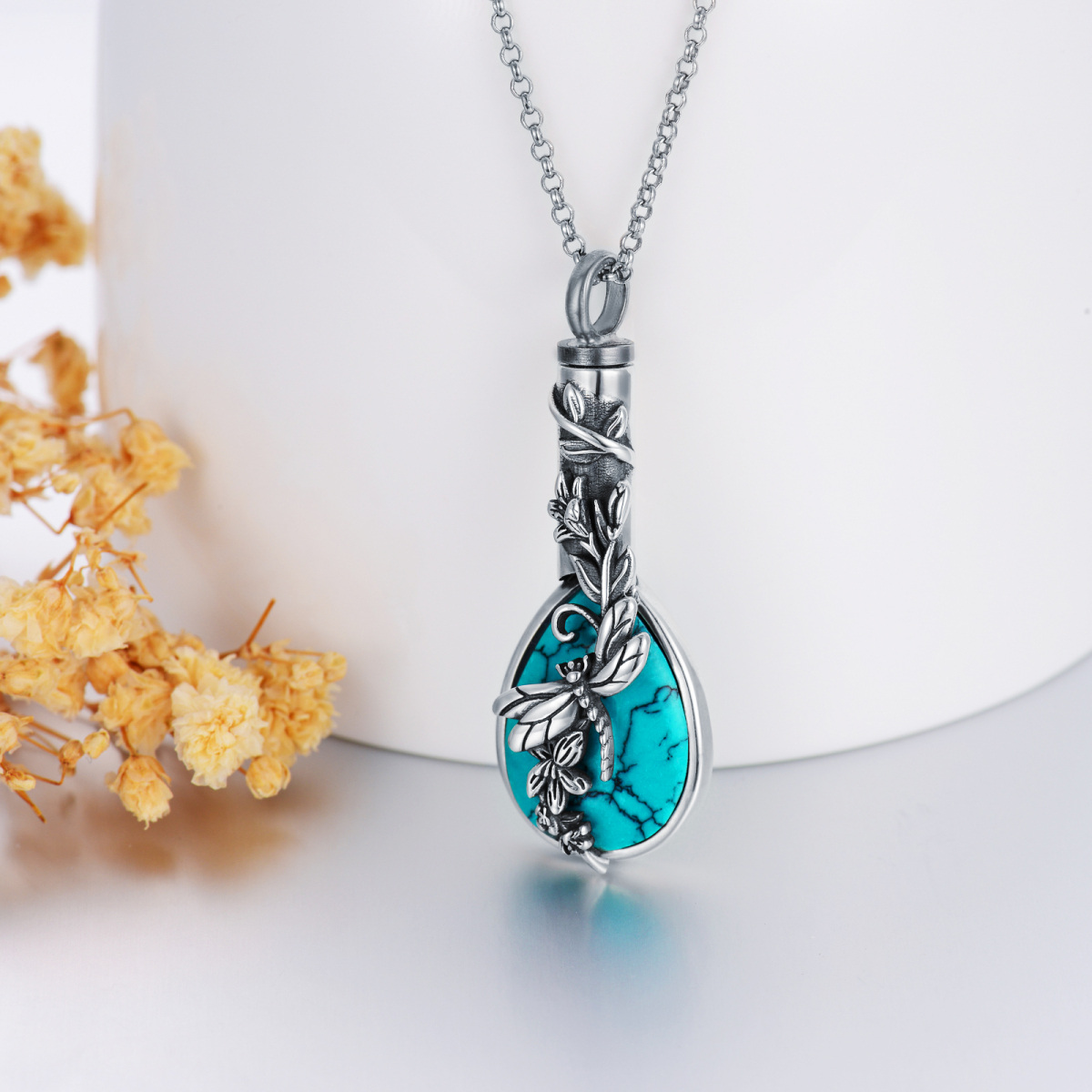 Sterling Silver Pear Shaped Turquoise Dragonfly Urn Necklace for Ashes-3