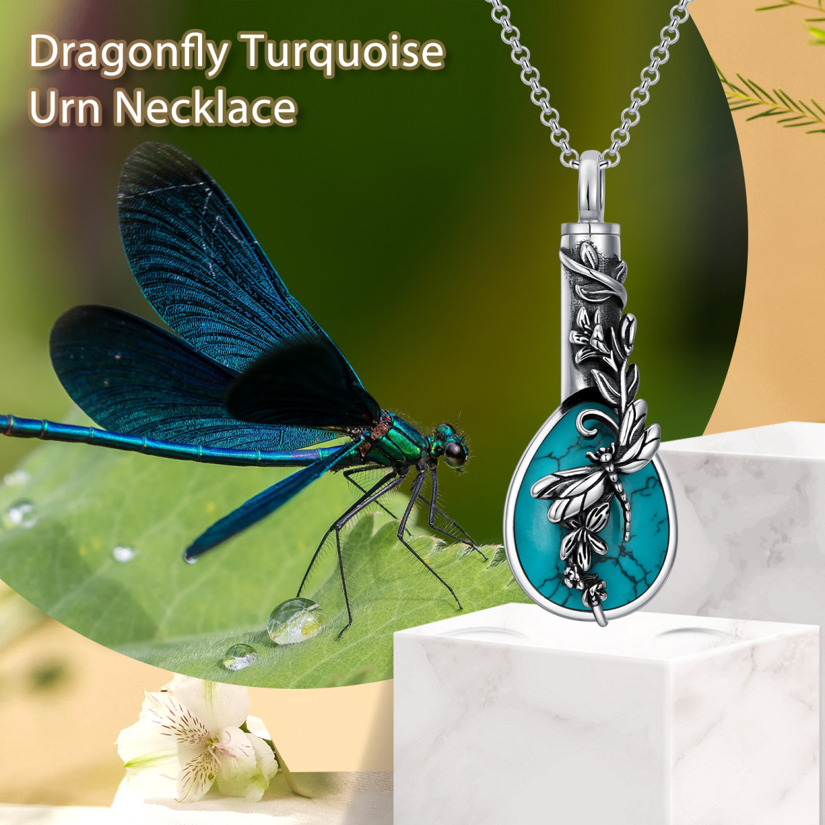 Sterling Silver Pear Shaped Turquoise Dragonfly Urn Necklace for Ashes-5