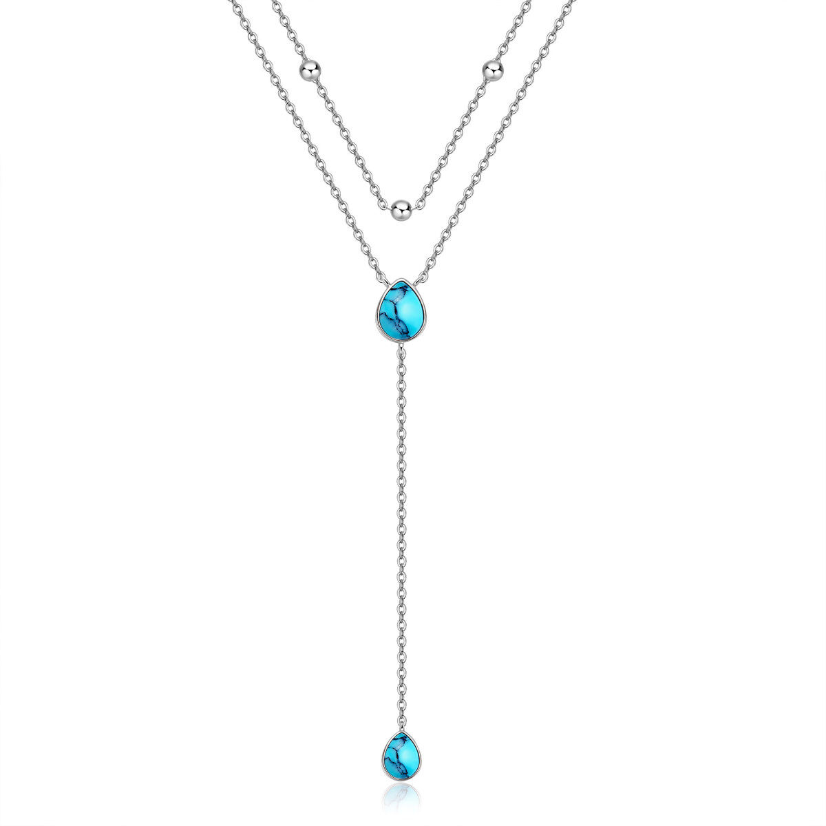 Collier superposé en argent sterling avec turquoise en forme de poire et goutte d'eau-1