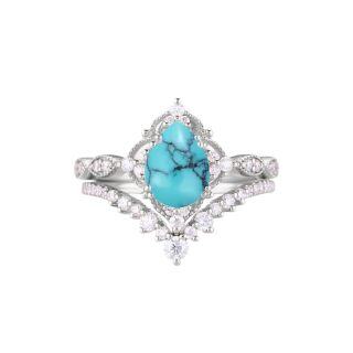 Sterling Silver Pear Shaped Turquoise Personalized Engraving & Couple Engagement Ring-10