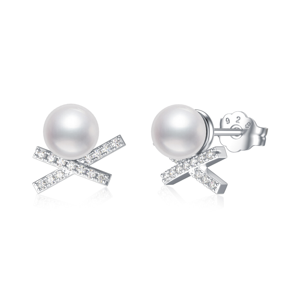 Sterling Silver Pearl Bead Stud Earrings-1