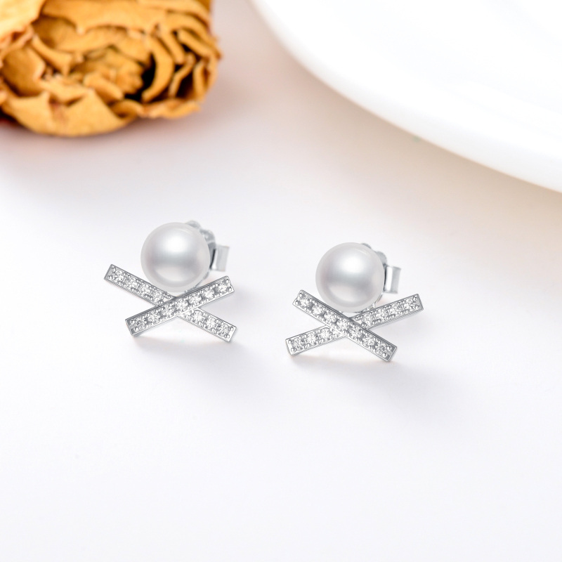 Sterling Silver Pearl Bead Stud Earrings-3