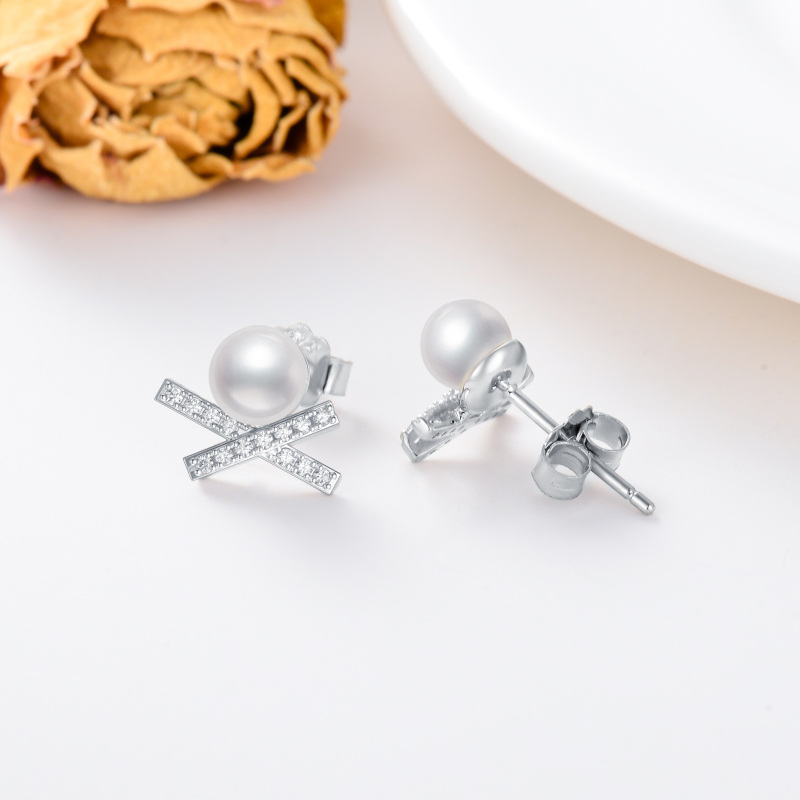 Sterling Silver Pearl Bead Stud Earrings-4
