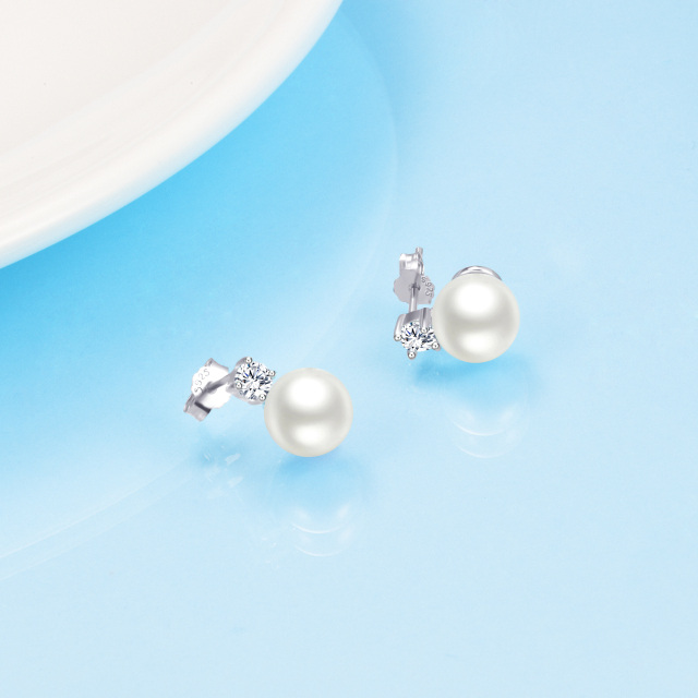 Sterling Silver Pearl Bead Stud Earrings-3