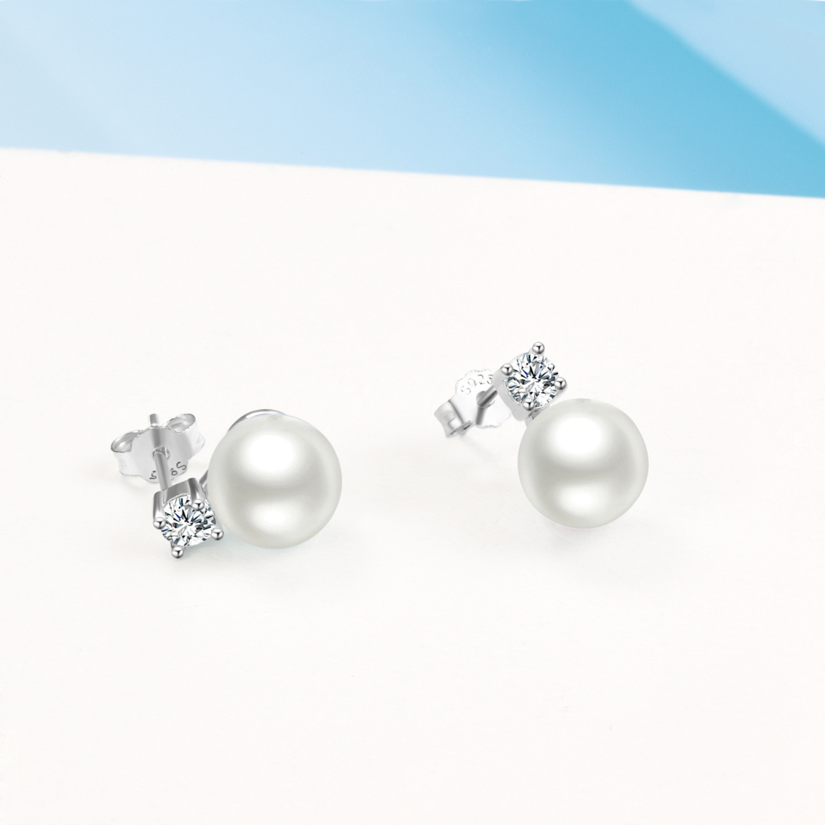 Sterling Silver Pearl Bead Stud Earrings-4