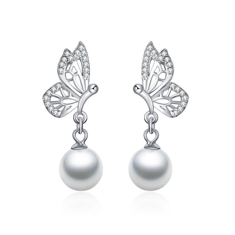 Sterling Silver Pearl Butterfly Drop Earrings-1