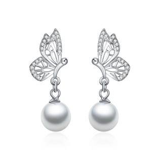 Sterling Silver Pearl Butterfly Drop Earrings-5