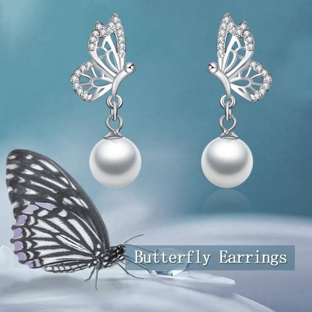 Sterling Silver Pearl Butterfly Drop Earrings-6