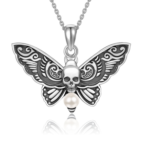 Sterling Silver Pearl Butterfly & Skull Pendant Necklace