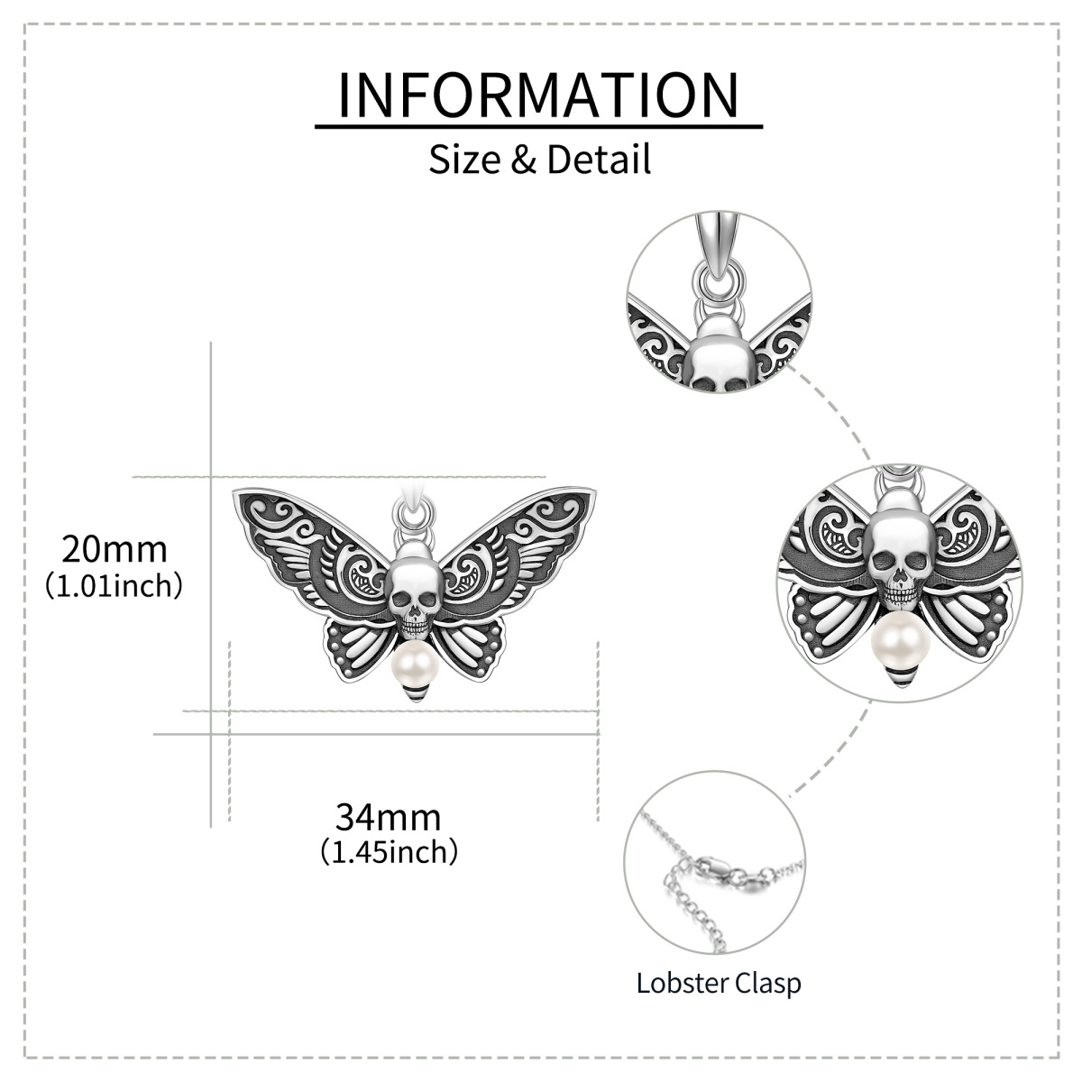 Sterling Silber Perle Schmetterling & Totenkopf Anhänger Halskette-5