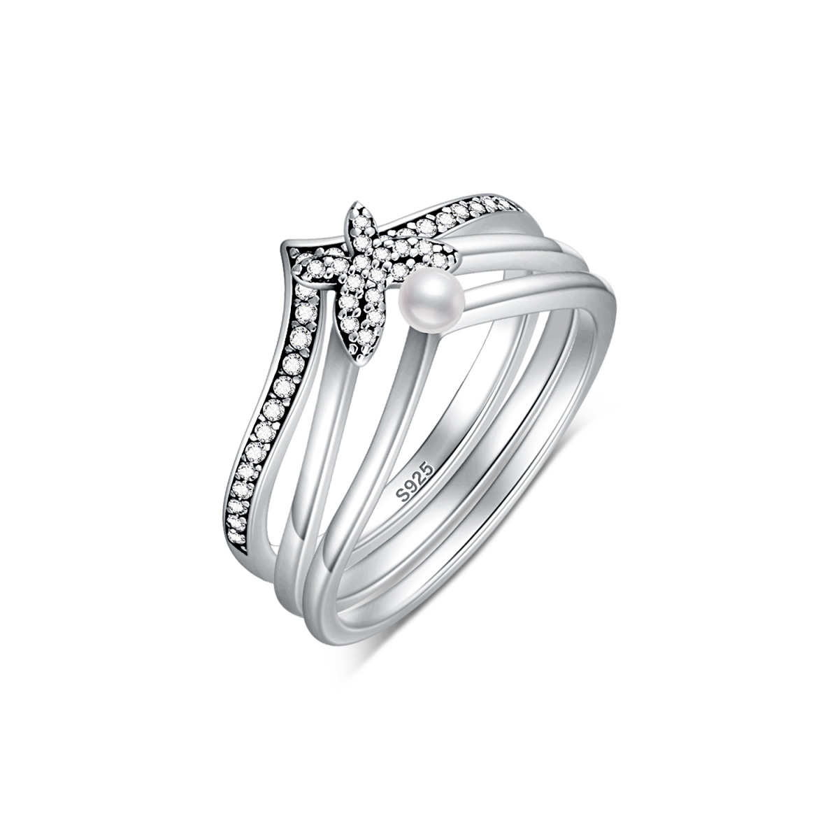 Sterling Silver Cubic Zirconia & Pearl Butterfly Stackable Ring-3