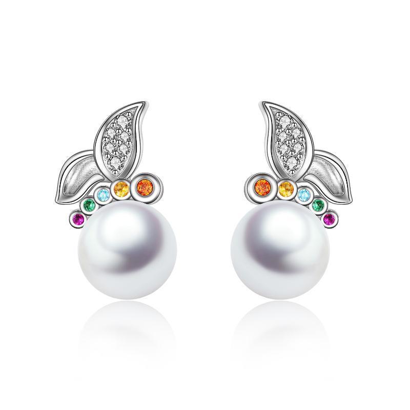 Pendientes de plata de ley con forma de mariposa y perlas-1
