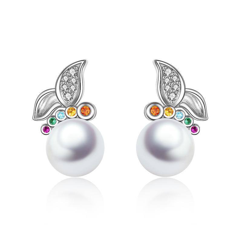 Sterling Silver Pearl Butterfly Stud Earrings