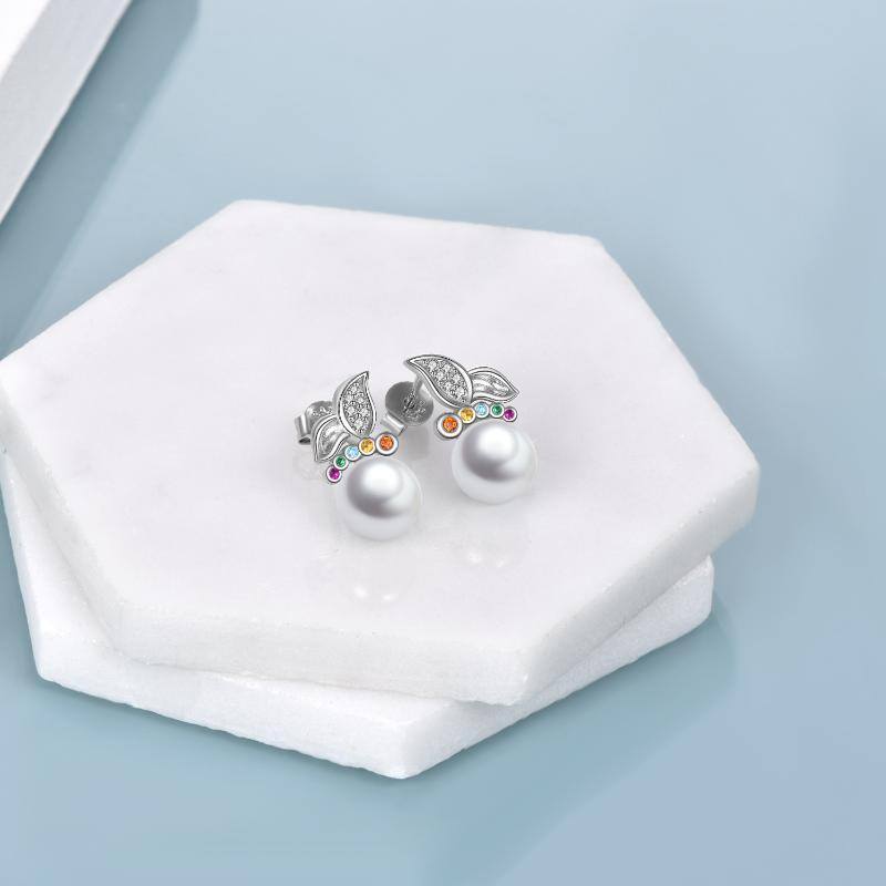 Sterling Silver Pearl Butterfly Stud Earrings-3