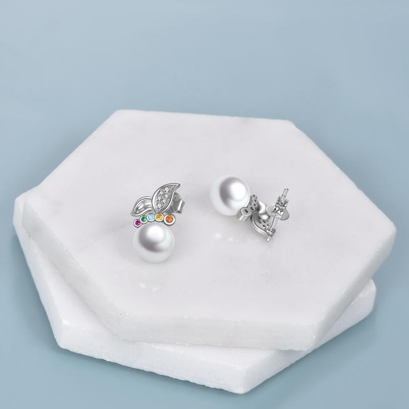 Pendientes de plata de ley con forma de mariposa y perlas-4