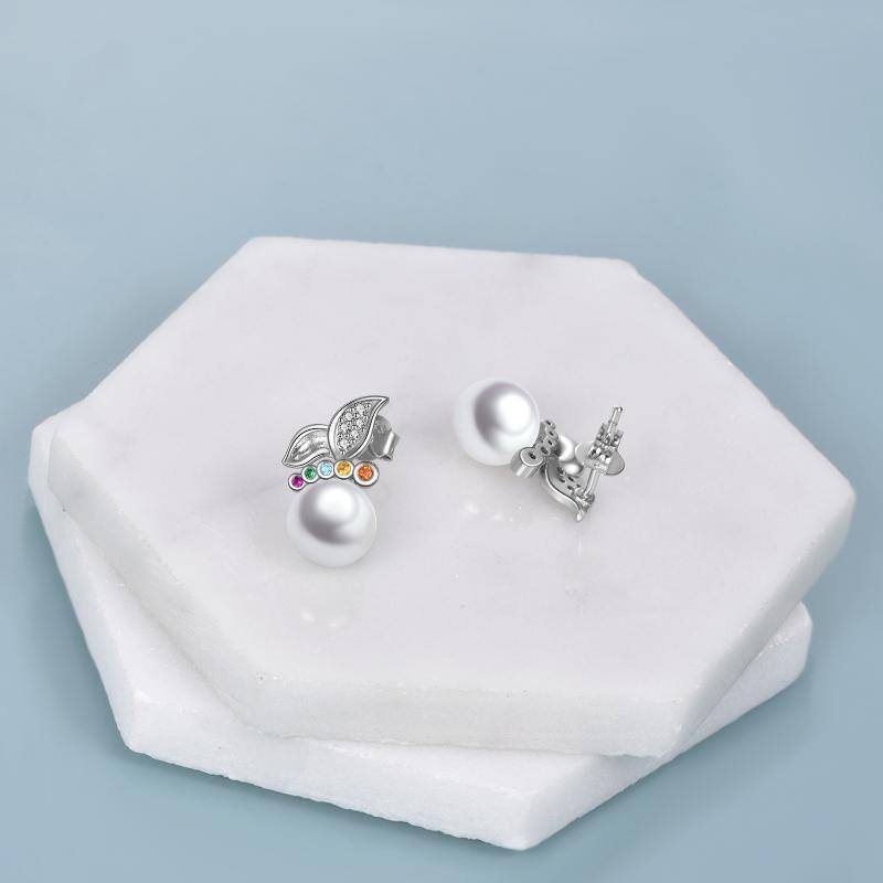 Sterling Silver Pearl Butterfly Stud Earrings-4