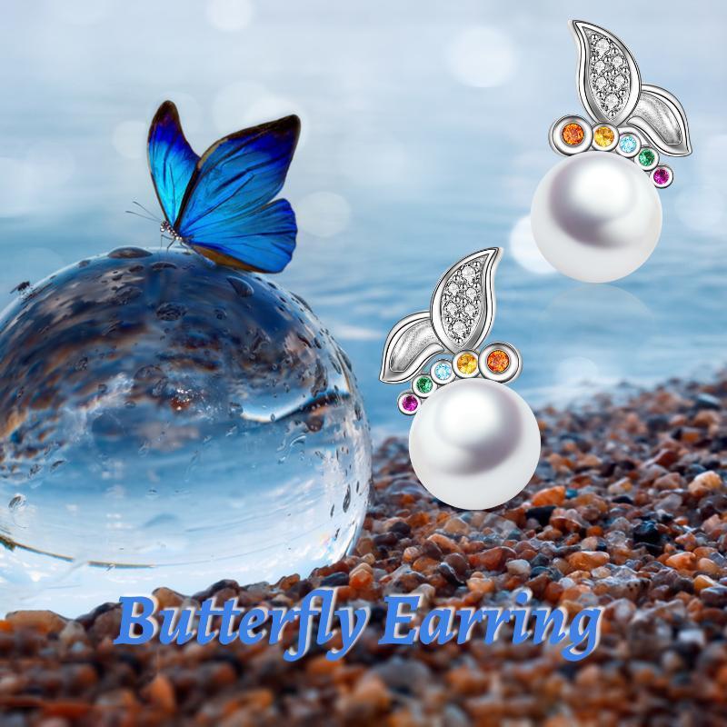 Pendientes de plata de ley con forma de mariposa y perlas-6