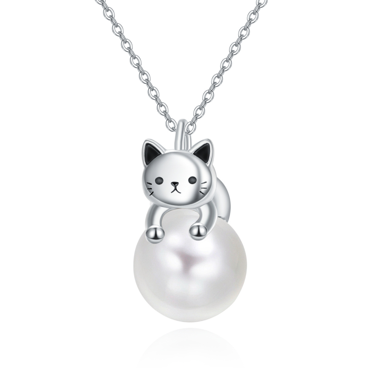 Sterling Silver Pearl Cat Pendant Necklace-1