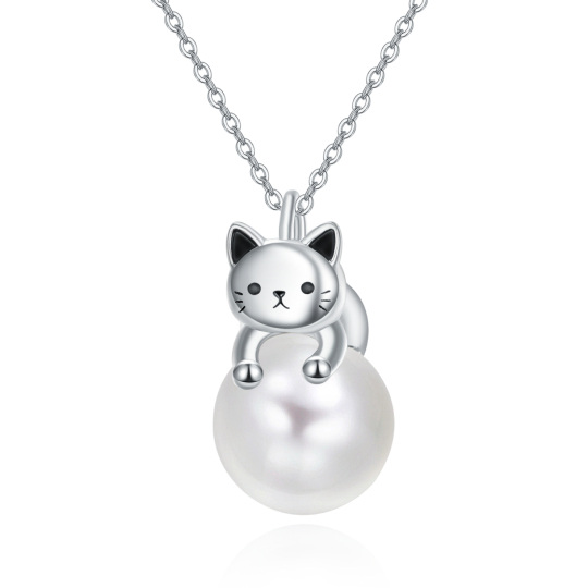 Sterling Silver Pearl Cat Pendant Necklace