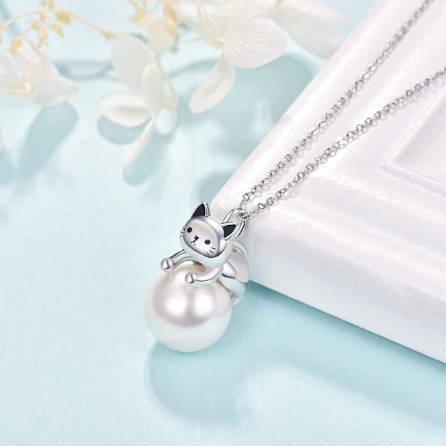 Sterling Silver Pearl Cat Pendant Necklace-4