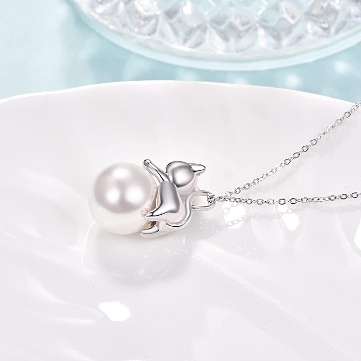 Sterling Silver Pearl Cat Pendant Necklace-5